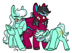 Size: 2004x1476 | Tagged: safe, artist:chyoatas, imported from derpibooru, lyra heartstrings, skyra, oc, oc:razzmatazz gleam, hybrid, pegasus, pony, unicorn, blushing, canon x oc, female, flirting, hybrid oc, pegabat, simple background, transparent background, trio