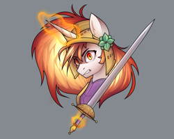 Size: 1280x1024 | Tagged: safe, artist:magicstarfriends, imported from derpibooru, oc, oc only, oc:freudensonne, pony, unicorn, armor, bust, glowing, glowing horn, gray background, helmet, horn, magic, magic aura, simple background, solo, sword, telekinesis, unicorn oc, weapon