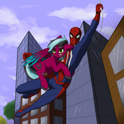 Size: 2160x2160 | Tagged: safe, artist:krotir, imported from derpibooru, oc, oc:razzmatazz gleam, human, hybrid, pegasus, pony, female, holding a pony, male, marvel, pegabat, spider-man