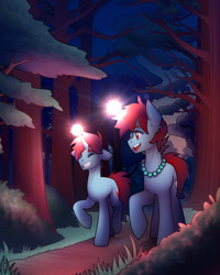 Size: 1280x1600 | Tagged: safe, artist:magicstarfriends, imported from derpibooru, oc, oc only, pony, unicorn, duo, forest, glowing, glowing horn, horn, path, unicorn oc, walking