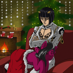 Size: 1600x1600 | Tagged: safe, artist:krotir, imported from derpibooru, oc, oc:kelp butt, human, original species, bruno bucciarati, candle, christmas, christmas stocking, christmas tree, crossover, cusige, fire, fireplace, herm, holiday, intersex, jojo's bizarre adventure, male, sleeping, tree