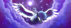 Size: 1280x512 | Tagged: safe, artist:magicstarfriends, imported from derpibooru, oc, oc only, alicorn, pony, alicorn oc, flying, horn, moon, sky, solo, stars, wings