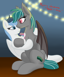 Size: 988x1200 | Tagged: safe, artist:eklipsethepony, imported from derpibooru, blossomforth, oc, oc:haze northfleet, oc:malachite cluster, bat pony, pegasus, pony, bat pony oc, bat wings, christmas, cuddling, cute, holiday, lights, pegasus oc, plushie, wings