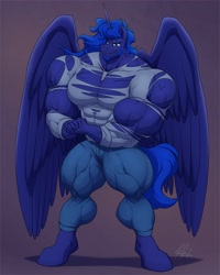 Size: 2601x3248 | Tagged: safe, artist:ponyanony, imported from derpibooru, princess luna, alicorn, anthro, unguligrade anthro, abs, beard, biceps, bodybuilder, clothes, facial hair, flexing, male, muscles, muscular male, overdeveloped muscles, prince artemis, rule 63, solo, thighs, thunder thighs, tight clothing, torn clothes