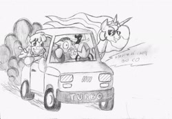 Size: 2331x1615 | Tagged: safe, artist:piterq12, imported from derpibooru, berry punch, berryshine, princess celestia, alicorn, changeling, earth pony, pony, 2013, alcohol, bottle, car, crown, female, fiat, fiat 126p, jewelry, mare, monochrome, old art, polish, regalia, sunglasses, traditional art