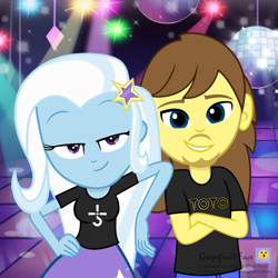 Size: 1920x1920 | Tagged: safe, artist:grapefruit-face, imported from derpibooru, trixie, oc, oc:grapefruit face, human, equestria girls, blue oyster cult, canon x oc, clothes, duo, female, grapexie, leaning, lidded eyes, looking at you, male, shipping, shirt, signature, smiling, smirk, straight, t-shirt, toto (band)
