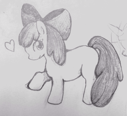 Size: 944x856 | Tagged: safe, artist:joemkmk, imported from derpibooru, apple bloom, earth pony, pony, apple bloom's bow, bow, female, filly, floating heart, foal, hair bow, heart, simple background, solo, traditional art, white background