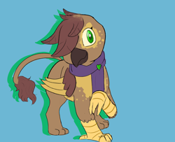 Size: 2680x2176 | Tagged: safe, artist:skunkstripe, imported from derpibooru, oc, oc only, oc:meteor mirage, griffon, blue background, clothes, green eyes, griffon oc, griffonized, scarf, simple background, solo, species swap