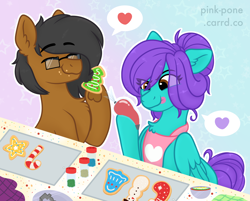 Size: 1800x1450 | Tagged: safe, artist:pink-pone, imported from derpibooru, oc, oc only, oc:notetaker, oc:swing time, earth pony, pegasus, pony, cookie, duo, earth pony oc, eating, female, food, heart, mare, pegasus oc, speech bubble, tongue out