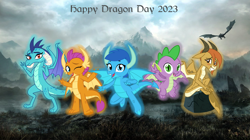 Size: 5359x3009 | Tagged: safe, artist:ponygamer2020, imported from derpibooru, ocellus, princess ember, smolder, spike, oc, oc:frosty, oc:frosty the dragon, dragon, disguise, disguised changeling, dragon day, dragon oc, dragon ocellus, dragoness, female, flying, glowing, group, horn, looking at you, male, mountain, non-pony oc, peace sign, rock, sitting, sky, skyrim, smiling, smiling at you, snow, spike day, tail, teenaged dragon, the elder scrolls, vector, wallpaper, waving at you, winged spike, wings