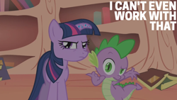 Size: 1920x1080 | Tagged: safe, edit, edited screencap, editor:quoterific, imported from derpibooru, screencap, spike, twilight sparkle, dragon, pony, unicorn, bridle gossip, book, bookshelf, breaking the fourth wall, duo, golden oaks library, twilight flopple, unicorn twilight