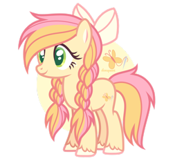 Size: 1600x1492 | Tagged: safe, artist:donquani, imported from derpibooru, oc, oc only, earth pony, bow, braid, braided pigtails, earth pony oc, female, hair bow, mare, offspring, parent:big macintosh, parent:fluttershy, parents:fluttermac, pigtails, simple background, smiling, solo, transparent background, unshorn fetlocks