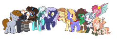 Size: 4000x1300 | Tagged: safe, artist:fuckomcfuck, imported from derpibooru, oc, oc only, oc:bitzy berry, oc:blueberry oatmeal, oc:cream heart, oc:frizz, oc:littlepip, oc:lunar flower, oc:therma, oc:velvet remedy, oc:whittaker, unnamed oc, changedling, changeling, dragon, earth pony, griffon, pony, unicorn, derpibooru community collaboration, fallout equestria, 2023 community collab, bipedal, blank flank, changedling oc, changeling oc, choker, clothes, dragon oc, eyes closed, female, food, glasses, griffon oc, grin, hoof shoes, kirby, kirby (series), lying down, male, mare, markings, multicolored hair, non-pony oc, open mouth, prone, raised hoof, simple background, smiling, socks, stallion, striped socks, sushi, trans male, transgender, transparent background, unshorn fetlocks, wall of tags