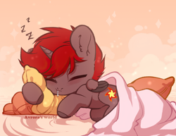 Size: 2200x1700 | Tagged: safe, artist:avroras_world, imported from derpibooru, oc, oc:hardy, alicorn, pony, alicorn oc, blanket, ear fluff, eyes closed, horn, male, male alicorn, male alicorn oc, onomatopoeia, pillow, sleeping, slim, solo, sound effects, stallion, thin, wings, zzz