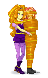 Size: 500x800 | Tagged: safe, artist:riouku, imported from derpibooru, adagio dazzle, sunset shimmer, human, equestria girls, alternate hairstyle, belt, blindfold, blushing, bondage, boots, clothes, commission, duo, female, fingerless gloves, gag, gloves, hair, hair bondage, high heel boots, impossibly long hair, lesbian, mummification, shipping, shoes, shorts, simple background, stockings, sunsagio, thigh highs, vest, white background