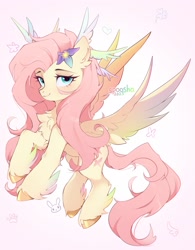 Size: 1596x2048 | Tagged: safe, artist:spoosha, imported from twibooru, fluttershy, pegasus, pony, alternate design, chest fluff, female, fluffy, flying, image, mare, needs more jpeg, simple background, solo