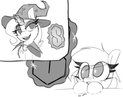 Size: 2500x1977 | Tagged: safe, artist:lockheart, imported from twibooru, trixie, pony, unicorn, amazed, black and white, cape, clothes, cool s, dialogue, female, filly, grayscale, hat, image, levitation, magic, magic aura, mare, monochrome, png, simple background, starry eyes, telekinesis, trixie's cape, trixie's hat, white background, wingding eyes