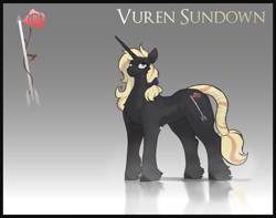 Size: 3800x3000 | Tagged: safe, alternate version, artist:nsilverdraws, artist:veen, imported from derpibooru, oc, oc only, oc:vuren sundown, pony, unicorn, arrow, bowtie, cane, female, horn, long horn, mare, reflection, simple background, solo, sundown clan