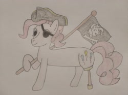 Size: 4032x3016 | Tagged: safe, artist:jakusi, pinkie pie, pony, amputee, eyepatch, female, flag, hat, jolly roger, mare, pinktober, pirate, pirate hat, prosthetic leg, prosthetic limb, prosthetics, solo, traditional art