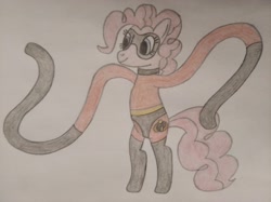 Size: 4032x3016 | Tagged: safe, artist:jakusi, pinkie pie, pony, bipedal, elastigirl, female, mare, mask, pinktober, solo, stretchy arms, the incredibles, traditional art