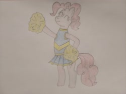 Size: 4032x3016 | Tagged: safe, artist:jakusi, pinkie pie, pony, bipedal, cheering, cheerleader, clothes, female, mare, pinktober, pom pom, skirt, solo, traditional art