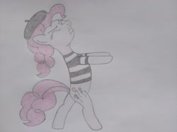 Size: 4032x3016 | Tagged: safe, artist:jakusi, pinkie pie, pony, beret, clothes, female, hat, invisible, mare, mime, pinktober, pulling, shirt, solo, striped shirt, traditional art