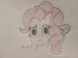 Size: 4032x3016 | Tagged: safe, artist:jakusi, pinkie pie, pony, amogus, bust, confused, female, impostor, looking at you, mare, pinktober, portrait, solo, traditional art