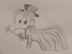 Size: 4032x3016 | Tagged: safe, artist:jakusi, pinkie pie, pony, cane, clothes, coat, female, hat, mare, pinktober, plague doctor, plague doctor mask, shoes, solo, traditional art