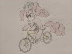 Size: 4032x3016 | Tagged: safe, artist:jakusi, pinkie pie, pony, bicycle, bike helmet, elbow pads, female, helmet, knee pads, mare, pedaling, pinktober, protection, solo, traditional art