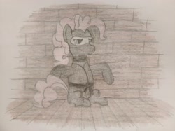 Size: 4032x3016 | Tagged: safe, artist:jakusi, pinkie pie, pony, brick wall, clothes, darkness, female, mare, ninja, pinktober, sneaking, solo, traditional art