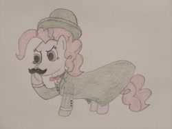 Size: 4032x3016 | Tagged: safe, artist:jakusi, pinkie pie, pony, bowler hat, bowtie, clothes, coat, detective, facial hair, female, hat, hercule poirot, mare, moustache, pinktober, solo, suit, traditional art, vest