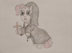 Size: 4032x3016 | Tagged: safe, artist:jakusi, pinkie pie, pony, bipedal, christianity, cross, female, habit, mare, nun, pinktober, rosary, scared, solo, traditional art