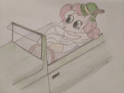 Size: 4032x3016 | Tagged: safe, artist:jakusi, pinkie pie, pony, bugatti, car, clothes, feather, feather hat, female, flapper, gloves, mare, pinktober, scarf, solo, traditional art