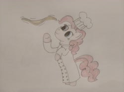 Size: 4032x3016 | Tagged: safe, artist:jakusi, pinkie pie, pony, bipedal, chef, chef's hat, clothes, dough, female, food, hat, mare, pinktober, pizza, solo, traditional art