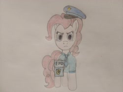 Size: 4032x3016 | Tagged: safe, artist:jakusi, pinkie pie, pony, angry, clothes, female, hat, looking at you, mare, necktie, pinktober, police, police badge, police hat, police officer, police uniform, solo, traditional art, uniform