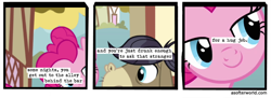 Size: 720x261 | Tagged: safe, edit, edited screencap, imported from ponybooru, screencap, cranky doodle donkey, pinkie pie, donkey, earth pony, a friend in deed, a softer world, alleyway, comic, drunkie pie, female, lidded eyes, looking at each other, male, mare, screencap comic, smiling, text