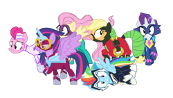 Size: 1280x724 | Tagged: safe, artist:benpictures1, imported from ponybooru, applejack, fili-second, fluttershy, masked matter-horn, mistress marevelous, pinkie pie, radiance, rainbow dash, rarity, saddle rager, twilight sparkle, zapp, alicorn, earth pony, pegasus, pony, unicorn, power ponies (episode), cute, dashabetes, diapinkes, female, inkscape, jackabetes, lesbian, mane six, mare, paralyzed, power ponies, raribetes, shipping, shyabetes, simple background, transparent background, twiabetes, twidash, twilight sparkle (alicorn), vector