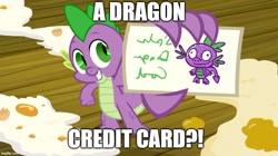 Size: 888x499 | Tagged: safe, artist:mlpfan3991, imported from derpibooru, spike, dragon, spike at your service, bat credit card, batman and robin, card, dragon code, impact font, male, meme, nostalgia critic, solo