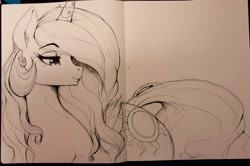 Size: 2048x1361 | Tagged: safe, artist:thelunarmoon, imported from derpibooru, princess celestia, alicorn, pony, female, folded wings, horn, mare, sketch, solo, traditional art, wings