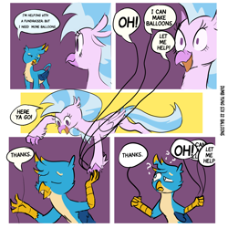 Size: 3000x3000 | Tagged: safe, artist:skunkstripe, imported from derpibooru, gallus, silverstream, griffon, hippogriff, balloon, breaking the fourth wall, comic, confused, dialogue, dumb yung-six comics, duo, female, fourth wall, happy, literal, male, pun, question mark, speech bubble