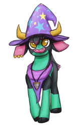 Size: 800x1200 | Tagged: safe, artist:hiddelgreyk, imported from derpibooru, oc, oc:zelckip, cow, derpibooru community collaboration, 2023 community collab, bandana, bovine oc, clothes, cloven hooves, community related, drill, ear piercing, glue cup (tfh), gold, hat, jewelry, lightly watermarked, looking at you, pendant, piercing, redesign, simple background, solo, standing, transparent background, trixie's hat, watermark, yellow eyes