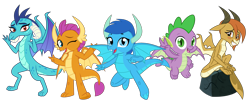 Size: 4445x1787 | Tagged: safe, artist:ponygamer2020, imported from derpibooru, ocellus, princess ember, smolder, spike, oc, oc:frosty, oc:frosty the dragon, dragon, absurd resolution, disguise, disguised changeling, dragon day, dragon oc, dragon ocellus, dragoness, female, flying, group, horn, looking at you, male, non-pony oc, peace sign, rock, simple background, sitting, smiling, smiling at you, spike day, tail, teenaged dragon, transparent background, vector, waving at you, winged spike, wings