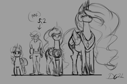 Size: 560x374 | Tagged: safe, artist:thelunarmoon, imported from derpibooru, princess celestia, princess luna, twilight sparkle, oc, alicorn, human, pony, crown, female, folded wings, giantlestia, height difference, horn, humanized, humanized oc, jewelry, macro, mare, peytral, regalia, size chart, size comparison, size difference, sketch, twilight sparkle (alicorn), wings