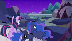 Size: 786x453 | Tagged: safe, artist:broxome, edit, imported from derpibooru, vector edit, princess luna, twilight sparkle, alicorn, pony, butt, crown, deviantart, duo, duo female, female, jewelry, looking down, mare, night, plot, regalia, spread wings, twibutt, twilight sparkle (alicorn), vector, wings