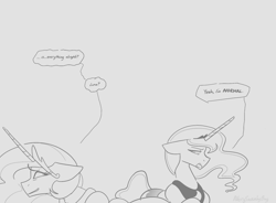 Size: 1536x1132 | Tagged: safe, artist:averysweatyboy, imported from derpibooru, princess celestia, princess luna, alicorn, pony, crown, dialogue, duo, duo female, female, floppy ears, gray background, grayscale, jewelry, mare, monochrome, regalia, royal sisters, siblings, simple background, sisters, speech bubble, uncomfortable