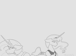 Size: 1536x1132 | Tagged: safe, artist:averysweatyboy, imported from derpibooru, princess celestia, princess luna, alicorn, pony, crown, duo, duo female, female, floppy ears, gray background, grayscale, jewelry, mare, monochrome, regalia, royal sisters, siblings, simple background, sisters, uncomfortable