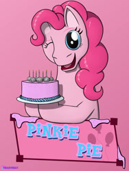 Size: 1500x1995 | Tagged: safe, artist:passionpanther, imported from derpibooru, pinkie pie, earth pony, pony, cake, food, gradient background, hoof hold, name tag, one eye closed, raised hoof, smiling, solo, sprinkles, wink