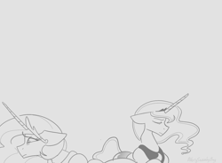 Size: 1536x1132 | Tagged: safe, artist:averysweatyboy, imported from derpibooru, princess celestia, princess luna, alicorn, pony, crown, duo, duo female, eyes closed, female, floppy ears, gray background, grayscale, jewelry, mare, monochrome, regalia, royal sisters, siblings, simple background, sisters, uncomfortable