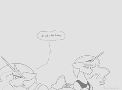 Size: 1536x1132 | Tagged: safe, artist:averysweatyboy, imported from derpibooru, princess celestia, princess luna, alicorn, pony, crown, dialogue, duo, duo female, female, floppy ears, gray background, grayscale, jewelry, mare, monochrome, regalia, royal sisters, siblings, simple background, sisters, speech bubble, uncomfortable