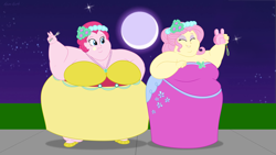 Size: 2560x1440 | Tagged: safe, artist:neongothic, imported from derpibooru, fluttershy, pinkie pie, human, equestria girls, bbw, big breasts, bingo wings, breasts, busty fluttershy, busty pinkie pie, camera, chubby cheeks, cleavage, double chin, duo, duo female, eyes closed, fat, fat fetish, fattershy, female, fetish, fork, huge breasts, impossibly large breasts, jewelry, morbidly obese, necklace, obese, peace sign, piggy pie, pudgy pie, selfie, ssbbw, weight gain